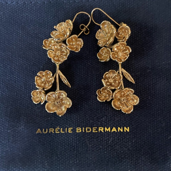 AURELIE BIDERMANN Paris Gold Boho Floral Cuff Bracelet Drop Earrings Set RARE!